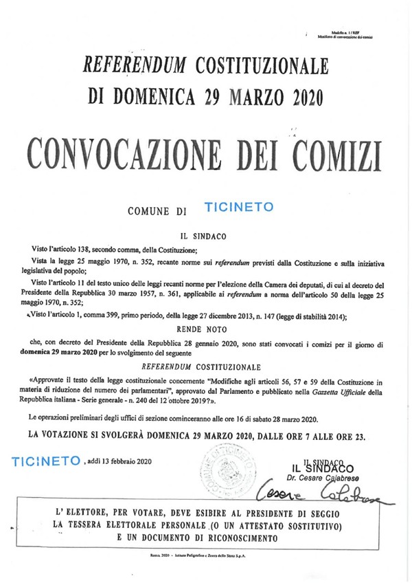 REFERENDUM COSTITUZIONALE 29.03.2020-CONVOCAZIONE DEI COMIZI