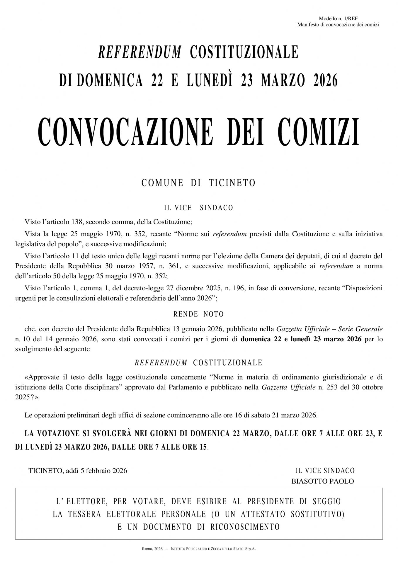 manifesto convocazione comizie elettorali referendum popolare del 22-23 Marzo 2026