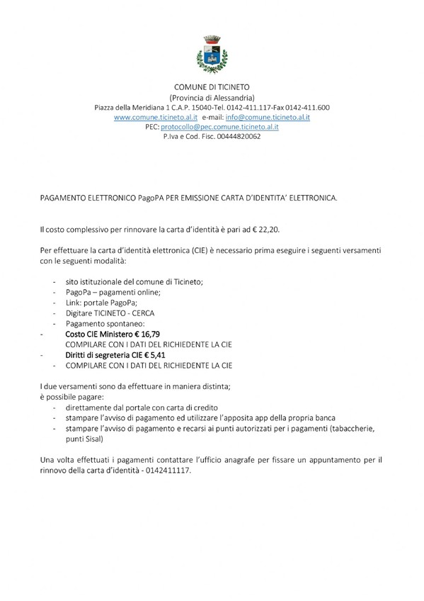 istruzioni versamento diritti carta d'identità elettronica