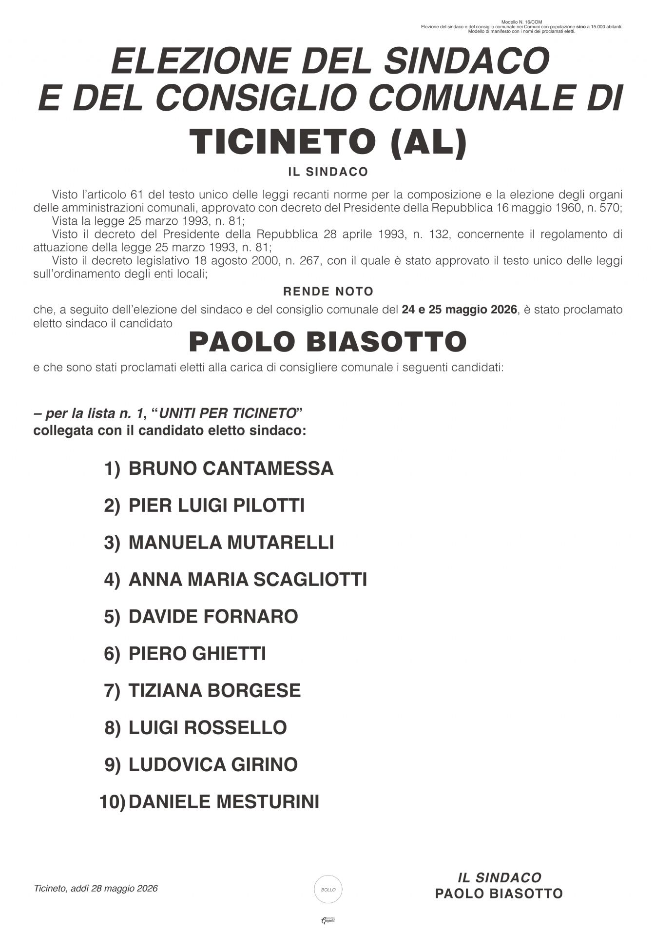 candidati proclamati eletti elezioni amministrative del 24-25 maggio 2026